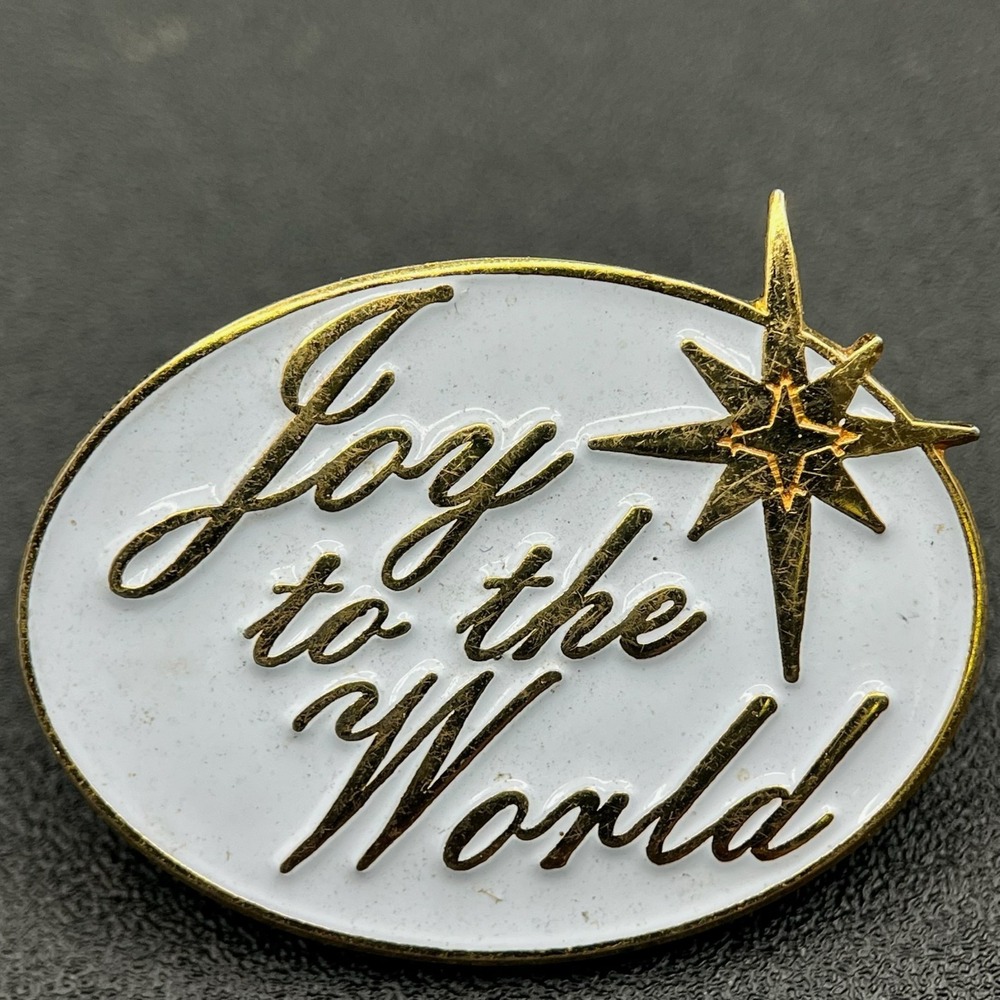 Vintage Sherman Joy to the World Oval Shaped White Gold-Tone Enamel Christmas